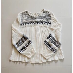 Blue Rain Peasant Blouse Size L White Embroidered Gauze Bishop Sleeve Boho Flowy